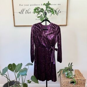 Beautiful eggplant purple velvet, FAUX wrap, midi dress